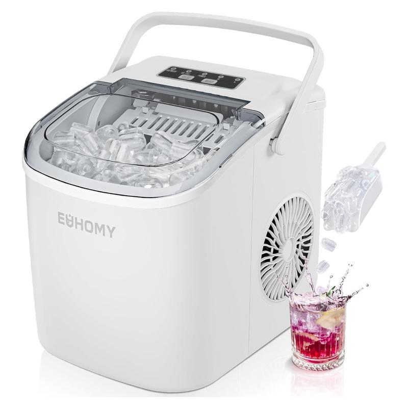 EUHOMY Máquina de Hielo de Encimera con Mango – Produce 11,79 kg en 24h, 9 Cubos en 6 Minutos, Función de Autolimpieza, Portátil, Incluye Canasta y Cucharón, Ideal para Hogar, Cocina, Camping y RV