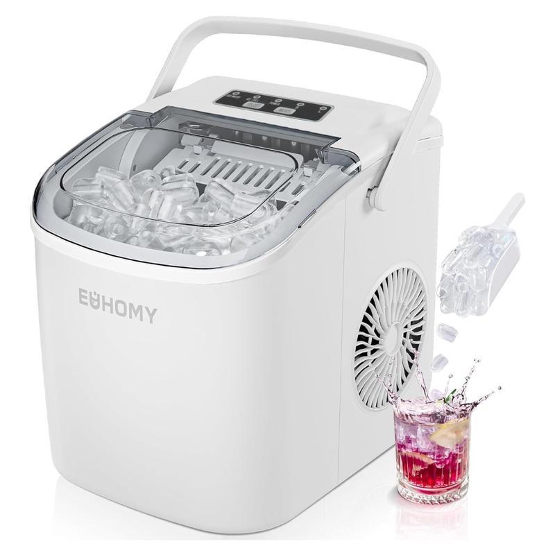 EUHOMY Máquina de Hielo de Encimera con Mango – Produce 11,79 kg en 24h, 9 Cubos en 6 Minutos, Función de Autolimpieza, Portátil, Incluye Canasta y Cucharón, Ideal para Hogar, Cocina, Camping y RV