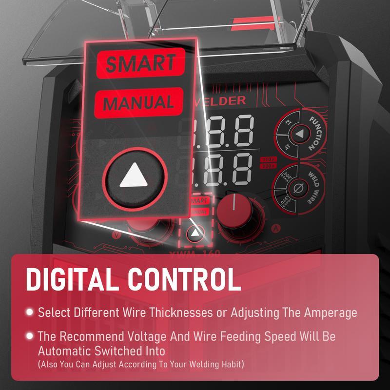 Soldadora MIG sin gas YWM-160 de 160 amperios | Doble voltaje 110/220 V, MIG inteligente, pantalla digital | Máquina de soldar 4 en 1: gas/hilo tubular/TIG con arranque por contacto/electrodo revestido