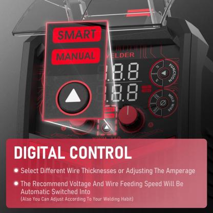 Soldadora MIG sin gas YWM-160 de 160 amperios | Doble voltaje 110/220 V, MIG inteligente, pantalla digital | Máquina de soldar 4 en 1: gas/hilo tubular/TIG con arranque por contacto/electrodo revestido