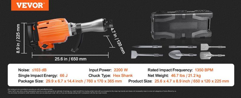 VEVOR Demolition Jack Hammer Concrete Breaker, Various specifications, Electric Hammer, Chisel Bits Professionals Aluminum