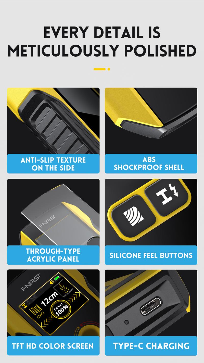 FNIRSI WD-02 Wall Detector Stud Finder Portable Precise Positioning TFT Display AC Live Cable Wires Metal Wood Stud Wall Scanner Tool Hardware with Clear Depth Gauge and Audible Alerts