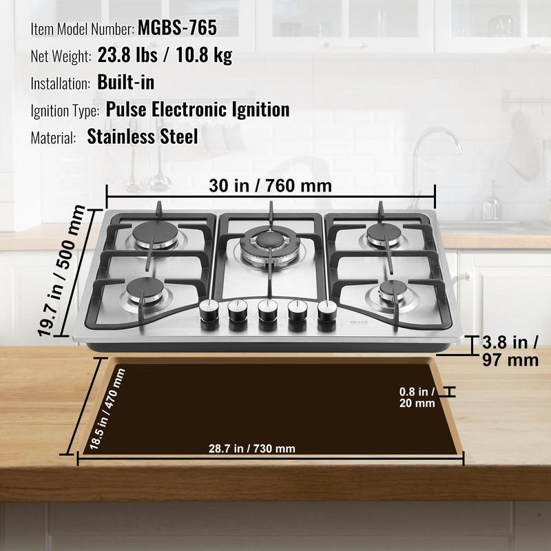 Cocina a gas de 30 pulgadas, 5 quemadores integrados, máx. 12250 BTU (NG/LPG), acero inoxidable, convertible, con protección de termopar para camping, autocaravanas y apartamentos.