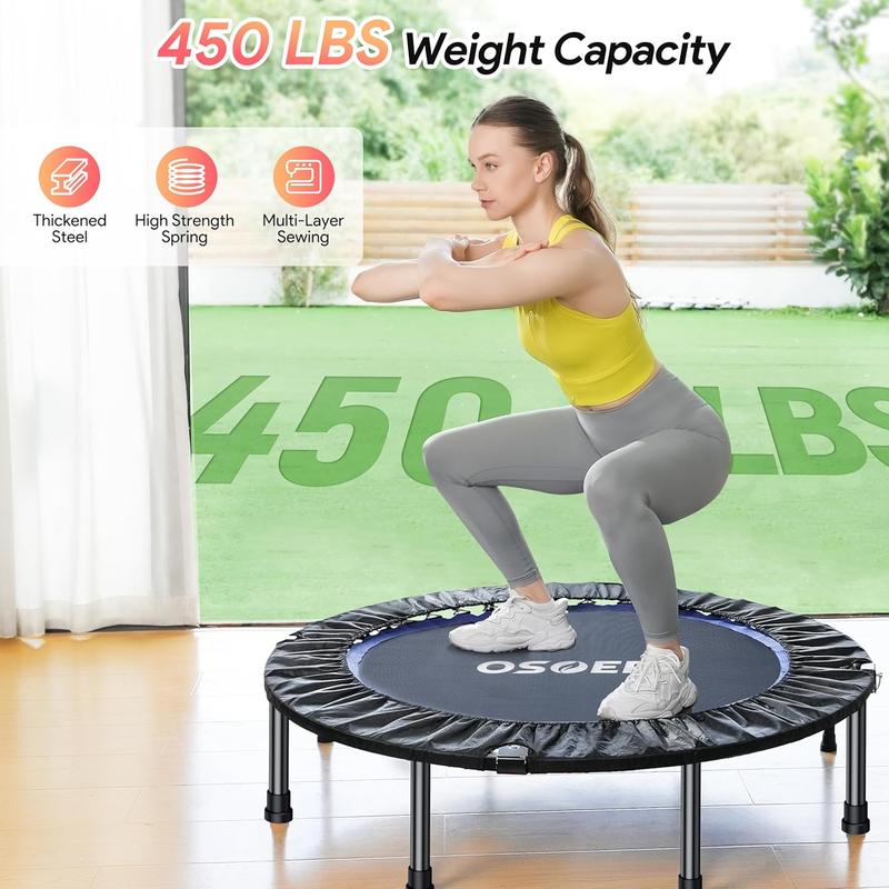 Cama elástica de rebote de 48 pulgadas, plegable para adultos, carga máxima de 450 libras, mini cama elástica con manillar de espuma ajustable para adultos, ideal para hacer ejercicio en interiores o en el jardín.