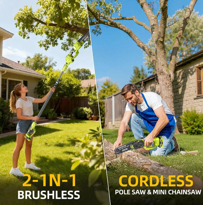 2 in 1 Mini Chainsaw with 2 x 21V Batteries, 8" Brushless Electric Pruner, Telescopic Pruning Saw, Working Height up to 15ft, 180&deg; Angled Head, Shoulder Strap