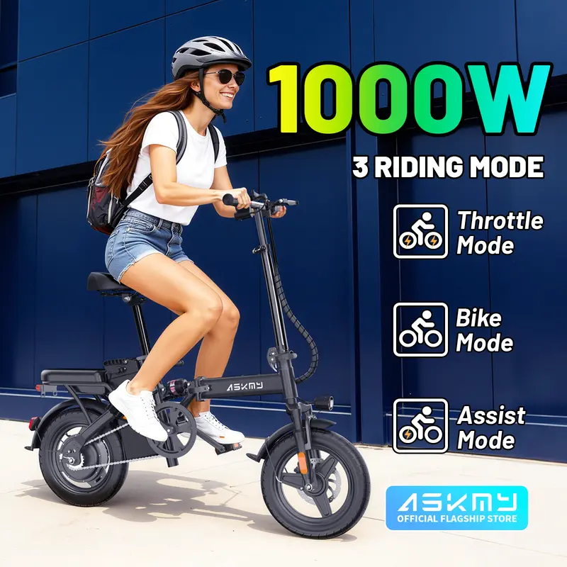 Bicicleta eléctrica plegable ASKMY E14: Motor de 1000 W (pico), hasta 45 millas de autonomía | Neumáticos sin cámara de 14", frenos de disco duales | Certificación UL, batería a prueba de pinchazos, garantía de 12 meses, diseño ligero