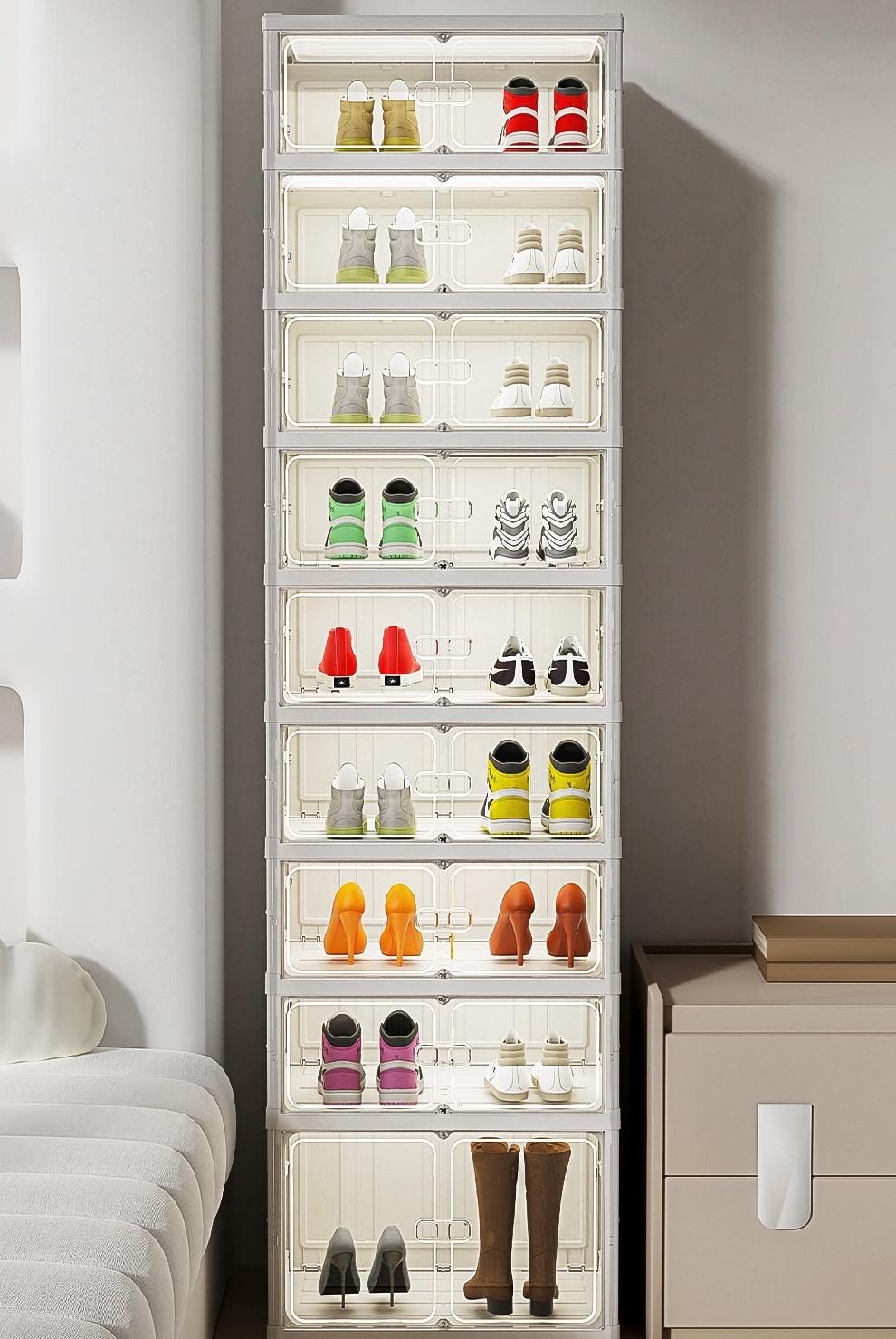 UFORU folding shoe rack, magnetic transparent door shoe cabinet, 9 layers, can store 18 pairs of shoes, simple design, large capacity, sturdy and stackable plastic shoe cabinet, space-saving, no installation required, convenient and practical.