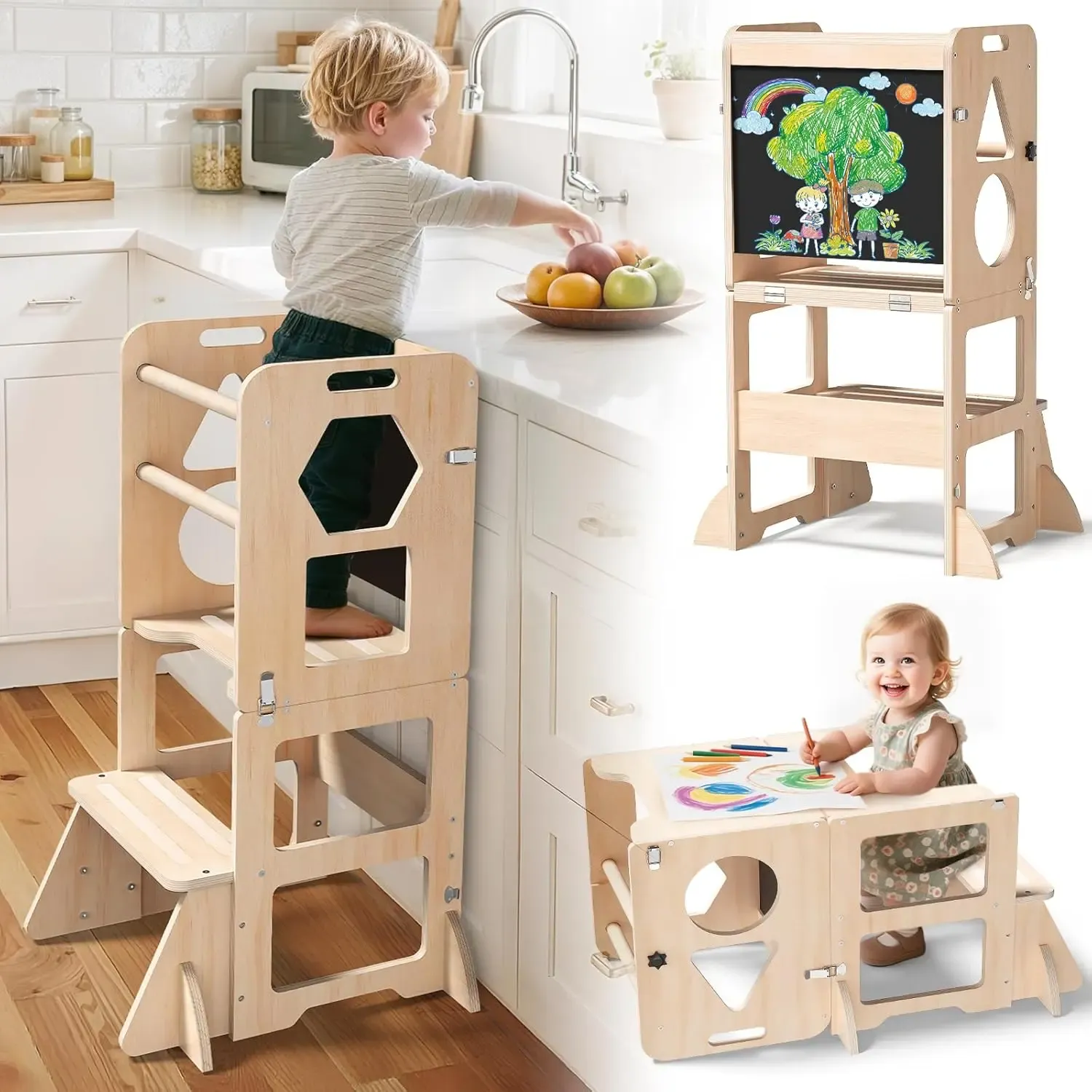 WOODURE 4-in-1 Toddler Kitchen Step Stool - Foldable Learning Tower wi