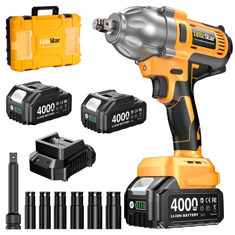 Llave de impacto inalámbrica de 200 N·m, 1/2 pulgada, 886 ft-lbs de alto par, con 2 baterías de 4.0 Ah, cargador rápido y 5 vasos, barra de extensión, puntas de destornillador, herramientas eléctricas y llave de carraca.
