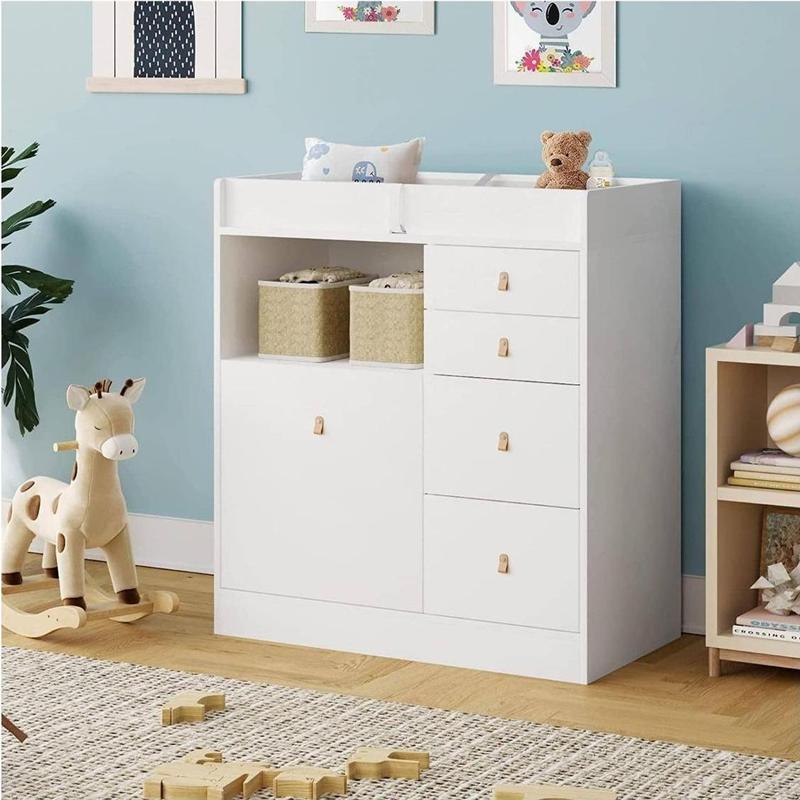 FUFU&GAGA Deborah Changing Table Dresser Antique White with Exposed Shelves, 5 Exposed Drawers & Space for Changing Pad, High-Quality Engineered Wood