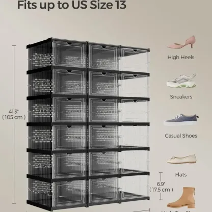 SONGMICS HOME Cajas para zapatos plegables — Organizador plegable, apilable y portátil para tallas de EE. UU. 13 — Estantes de plástico PP transparente