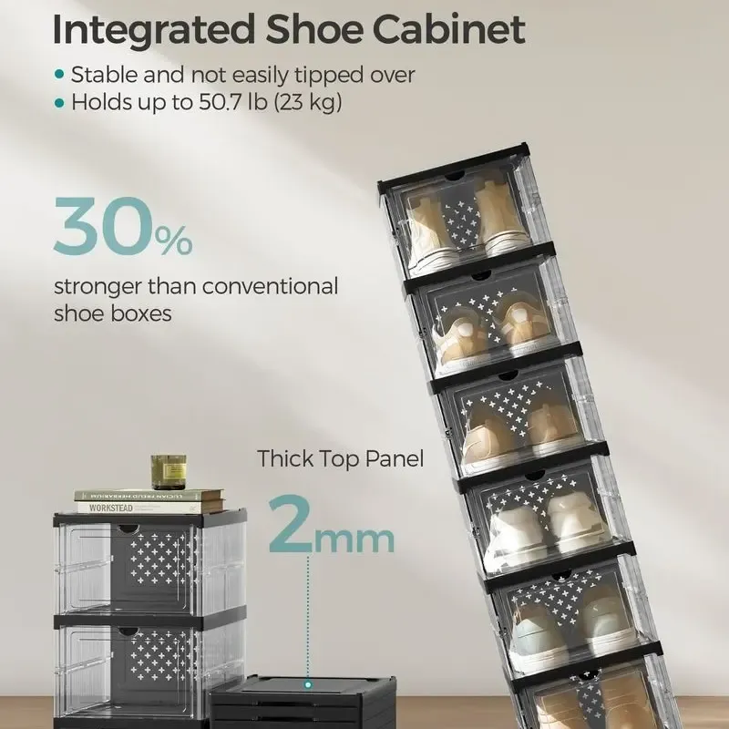 SONGMICS HOME Cajas para zapatos plegables — Organizador plegable, apilable y portátil para tallas de EE. UU. 13 — Estantes de plástico PP transparente