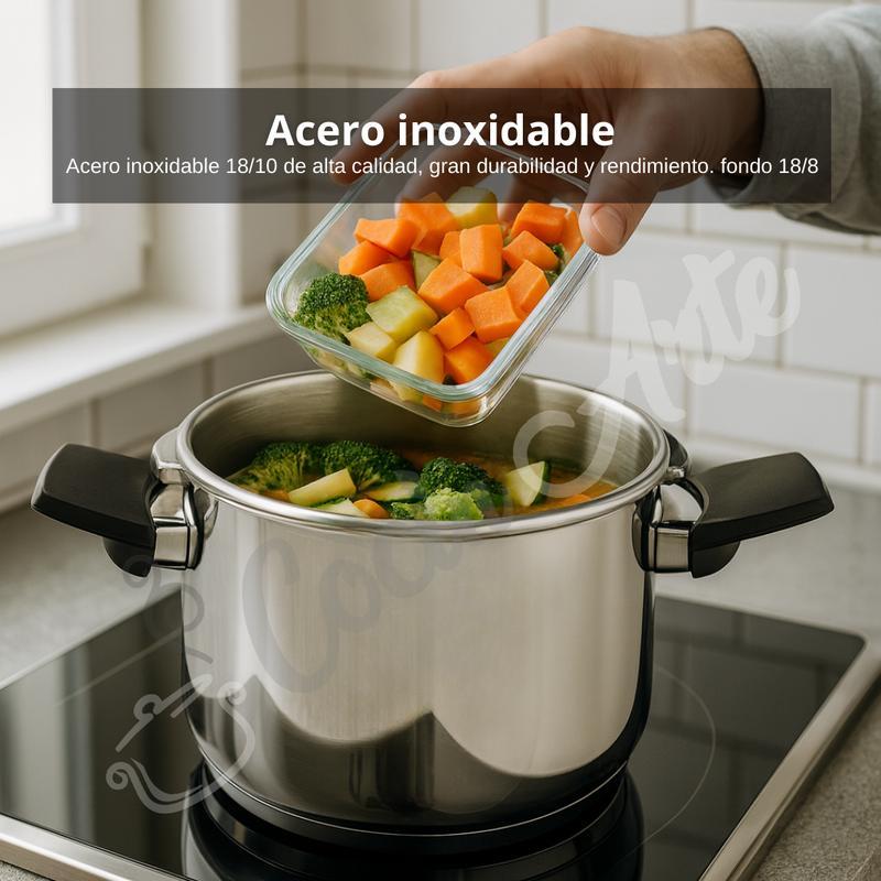 Olla a Presión de Acero Inoxidable con Cesta Vaporera y Tapa de Vidrio – Capacidades 6L, 8L y 10L – Compatible con Inducción, Eléctrica y Vitrocerámica y todo tipo de cocina – Segura, Eficiente y Fácil de Limpiar