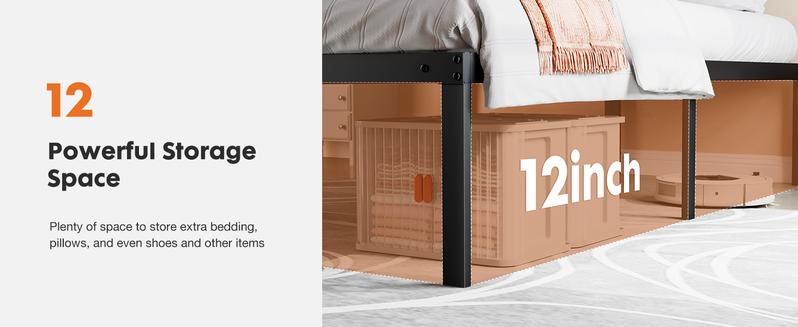 Bed Frame，Heavy Duty Metal Platform Bed Frames with Storage Space Under Frame, 14 Inches, Sturdy Steel Slat Support, No Box Spring Needed