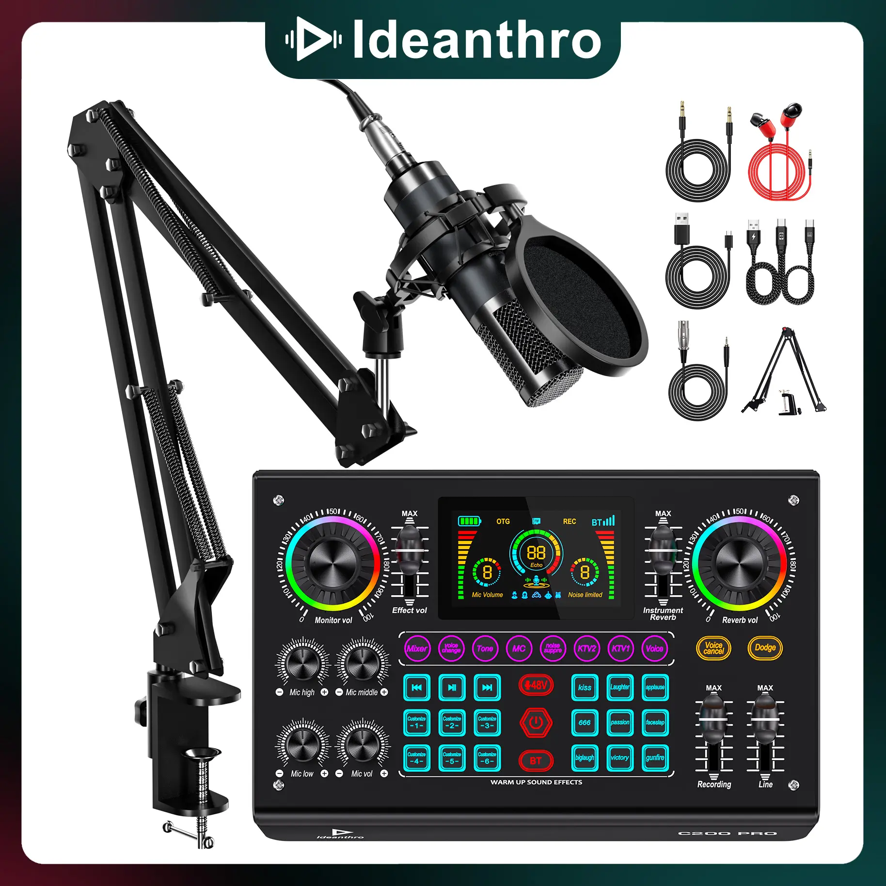 La tarjeta de sonido C200 PRO-P15 cuenta con un chip DSP de doble núcleo, admite micrófonos duales y auriculares duales, tiene tono ajustable y múltiples configuraciones de cambiador de voz, y es compatible con la mayoría de las plataformas de transmisión