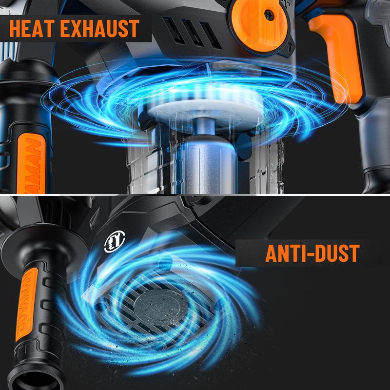 Taladro percutor rotativo RH15A SDS-Plus de 1-9/16'', 4 funciones en un solo mando, embrague de seguridad, 6 velocidades, 4350 golpes por minuto / 900 RPM, apto para hormigón, madera y acero.