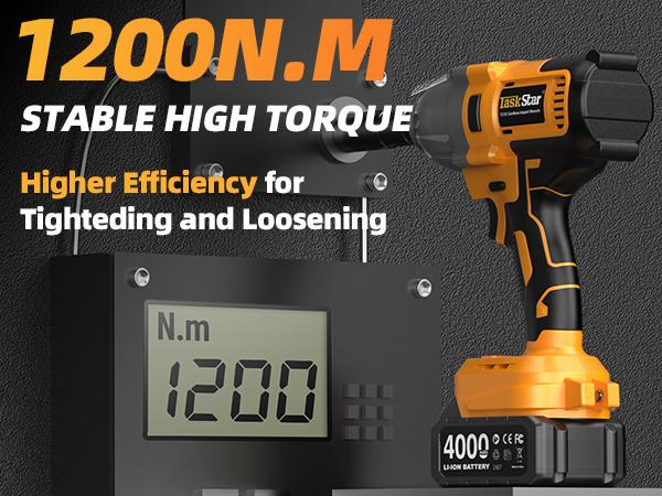 TaskStar 1200N.m Cordless Impact Wrench, 1/2 inch 886ft-lbs High Torque Impact Gun with 2x 4.0Ah Battery, Fast Charger & 5 Sockets Package Box Extension Bar Driver Bit Power Tools Ratchet Wrench