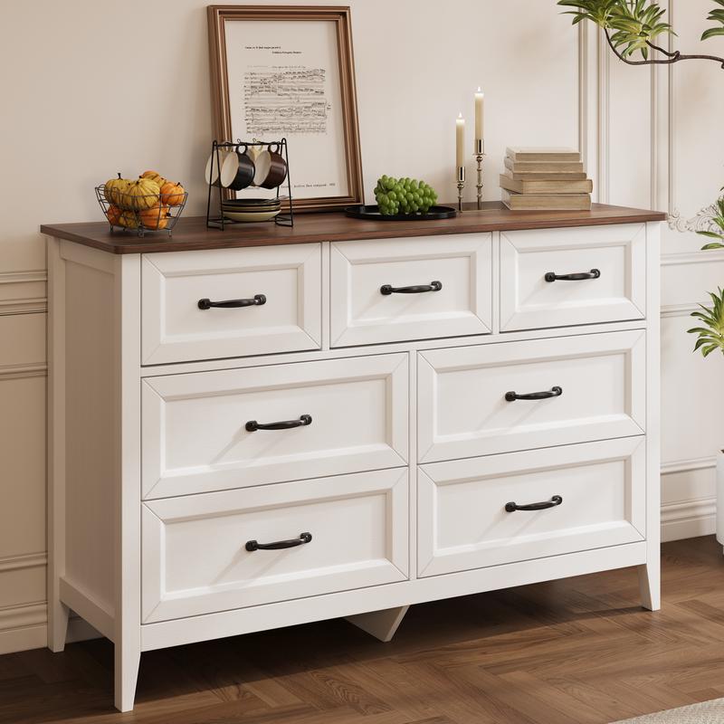 Cómoda de estilo rústico con 7 cajones, color blanco, con tiradores metálicos, 119 cm de ancho. Mueble organizador de madera para dormitorio infantil, pasillo, sala de estar o apartamento de chica. Ahorra espacio.