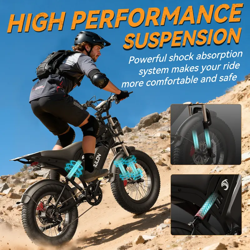 Bicicleta eléctrica YOULON para adultos: Motor sin escobillas de 1500 W (pico), velocidad máxima de 30 MPH, batería de 48 V y 20 Ah, e-bike con neumáticos anchos de 20 pulgadas, hasta 50 km/h, capacidad de ascenso de 30°, 7 velocidades, sistema de amortig