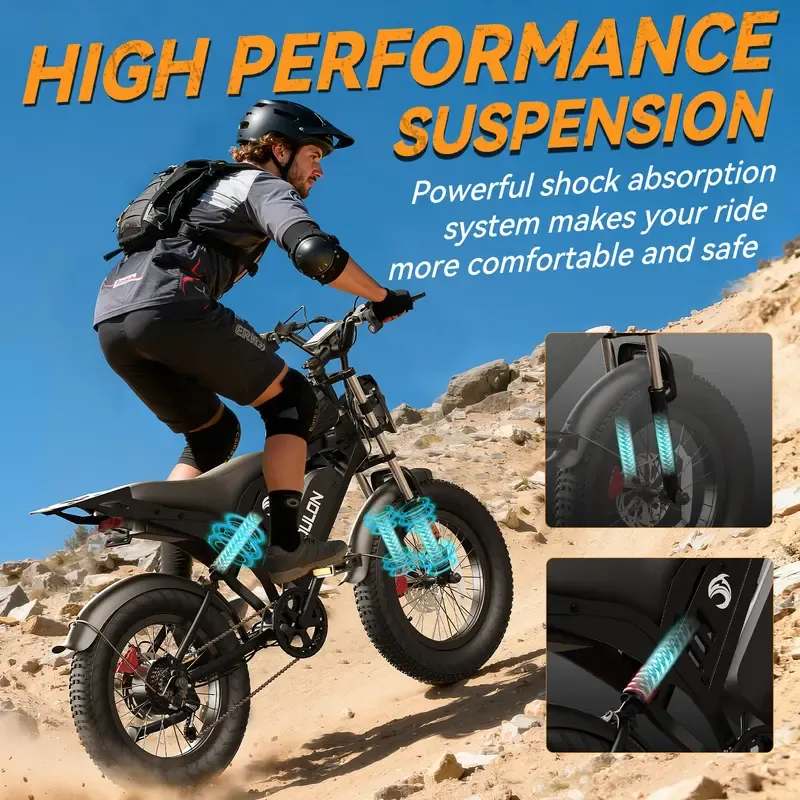 Bicicleta eléctrica YOULON para adultos: Motor sin escobillas de 1500 W (pico), velocidad máxima de 30 MPH, batería de 48 V y 20 Ah, e-bike con neumáticos anchos de 20 pulgadas, hasta 50 km/h, capacidad de ascenso de 30°, 7 velocidades, sistema de amortig