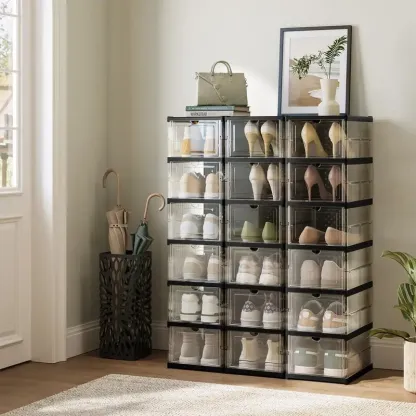 SONGMICS HOME Cajas para zapatos plegables — Organizador plegable, apilable y portátil para tallas de EE. UU. 13 — Estantes de plástico PP transparente