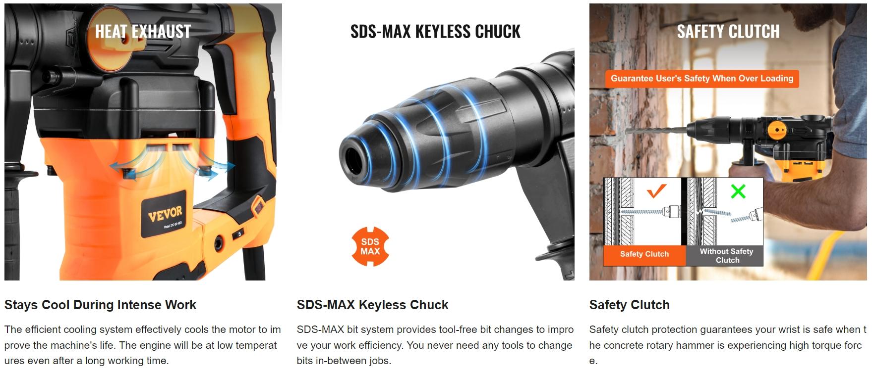 VEVOR Rotary Hammer Drill Corded Drills 1-9/16" 3 Modes SDS-MAX Chipping Hammers