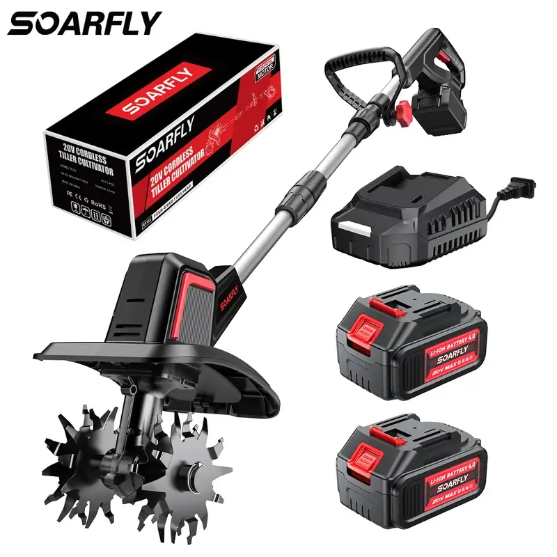 SOARFLY Cultivador y Motoazada Inalámbrica de 20 V, 360 RPM, Incluye 2 Baterías de 4.0 Ah y Cargador; 9 Pulgadas de Ancho, 6.6 Pulgadas de Profundidad, 48 Dientes de Acero — Ideal para Césped, Jardinería y Cultivo del Suelo