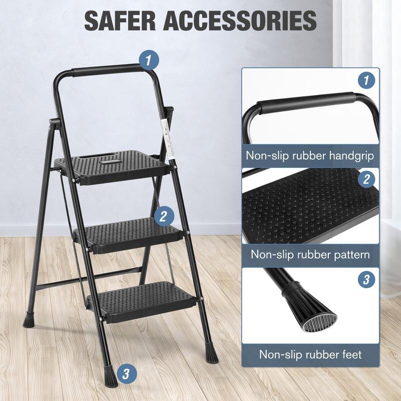 Step Ladder, Folding Step Stool with Wide Anti-Slip Pedal, 800lbs Sturdy Portable Ladder, Cushioned Handle, Lightweight