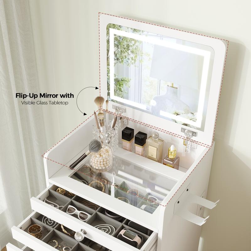 Tocador pequeño 3 en 1 con espejo con iluminación LED y taburete acolchado, mesita de noche, tocador pequeño para niñas.