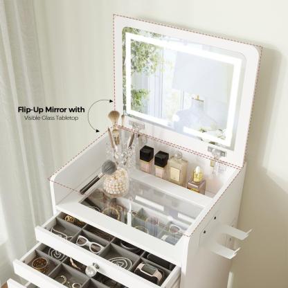 Tocador pequeño 3 en 1 con espejo con iluminación LED y taburete acolchado, mesita de noche, tocador pequeño para niñas.