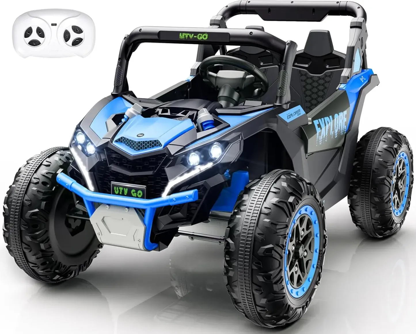 (EM-KC03) Coche eléctrico para niños de 2 plazas, UTV todoterreno 4WD, con batería de gran capacidad de 7 Ah, control remoto, cinturón de seguridad, bocina, música y luces — Para niños de 3 a 8 años (Azul)