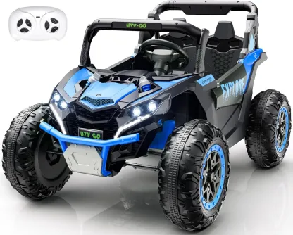 (EM-KC03) Coche eléctrico para niños de 2 plazas, UTV todoterreno 4WD, con batería de gran capacidad de 7 Ah, control remoto, cinturón de seguridad, bocina, música y luces — Para niños de 3 a 8 años (Azul)