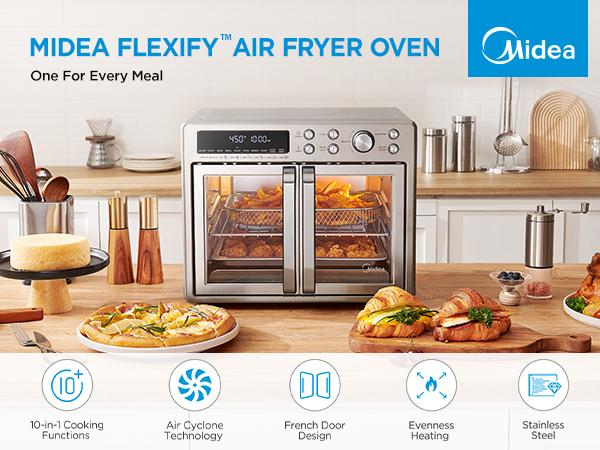 [2026 Kitchen Hack] Midea Flexify French Door Air Fryer Toaster Oven Combo 26.4 QT, Extra Large Countertop Air Fryer Oven 10-in-1 Combo 25% Faster Cooking & 90% Less Oil, Elegant Design Convection Fan, Gift of the Season