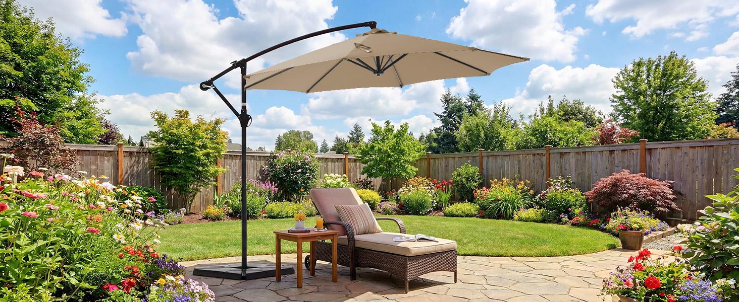 【With Base】10ft Offset Outdoor Patio Umbrella with Base, Easy Tilt & Crank, Adjustable Polyester Shade for Garden, Backyard, Poolside