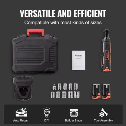 Juego de llave de carraca eléctrica inalámbrica de 3/8", kit de herramienta de carraca de 12 V y 33 lb-pie de potencia, carga rápida en 45 minutos, 2 baterías de 2.0 Ah, luz LED integrada.