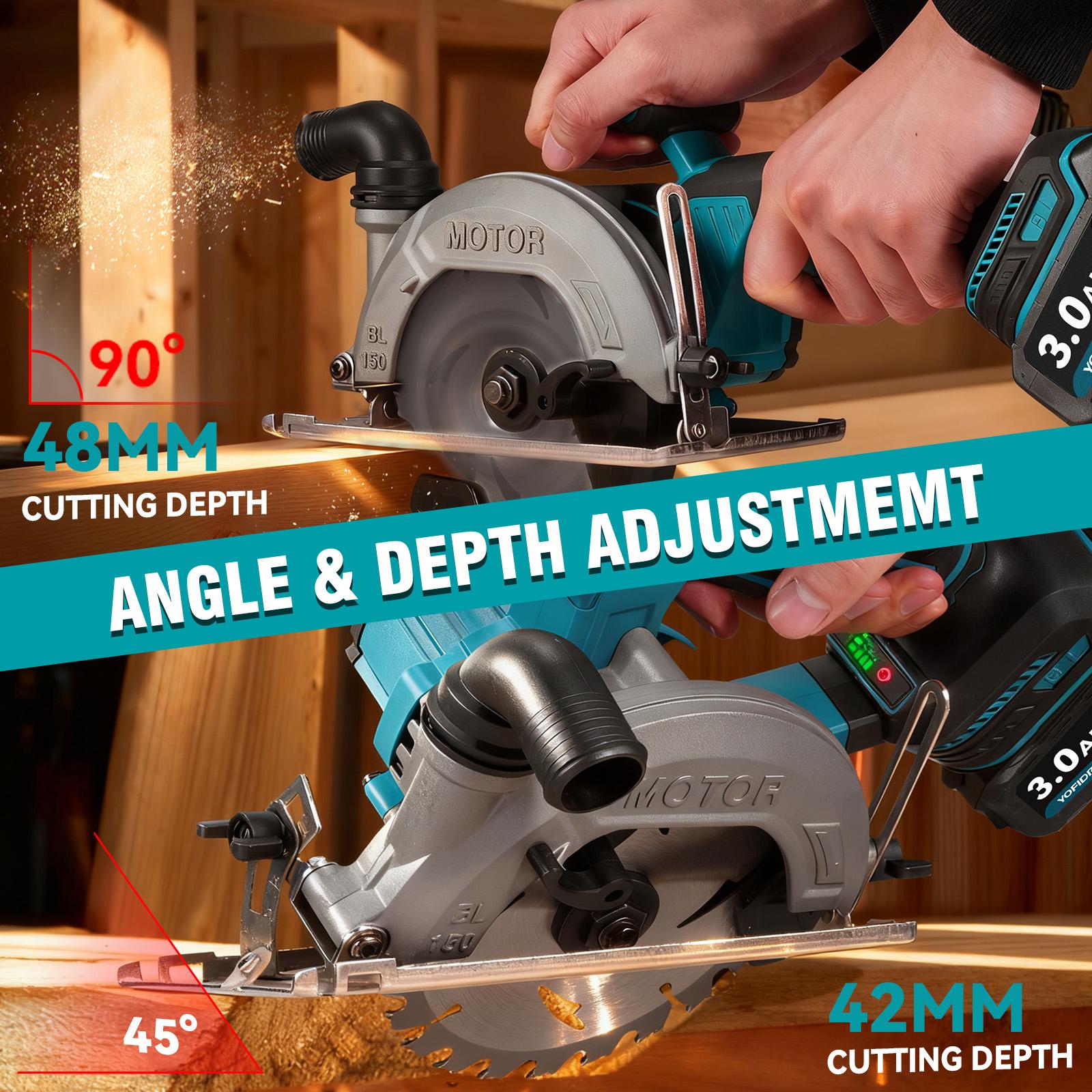 YOFIDRA Cordless Handheld Circular Saw | 48mm Depth/45&deg; Misalignment | Comes with 3 Saw Blades and Dual Batteries | Brushless Motor | Suitable for Wood, Metal, and Stone DIY