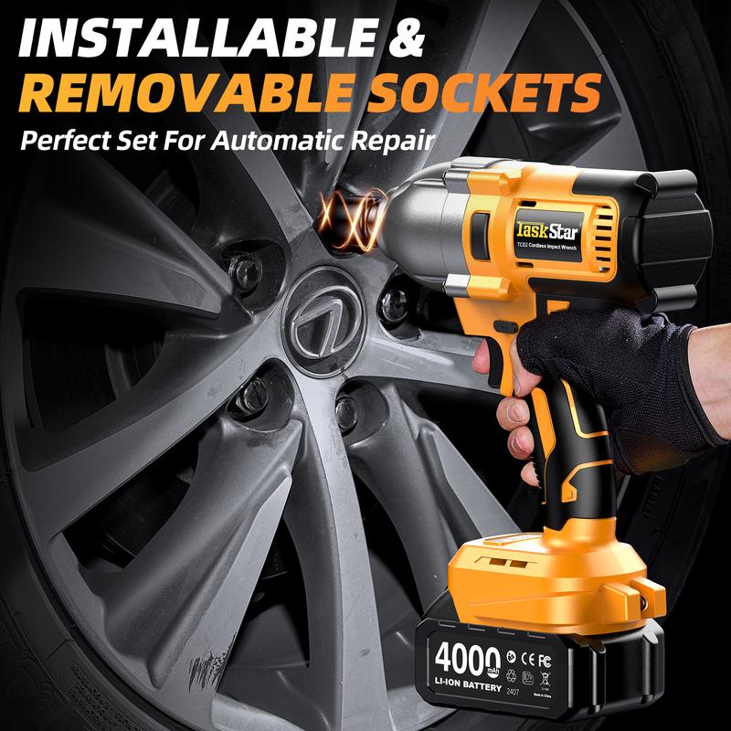 Llave de impacto inalámbrica de 200 N·m, 1/2 pulgada, 886 ft-lbs de alto par, con 2 baterías de 4.0 Ah, cargador rápido y 5 vasos, barra de extensión, puntas de destornillador, herramientas eléctricas y llave de carraca.