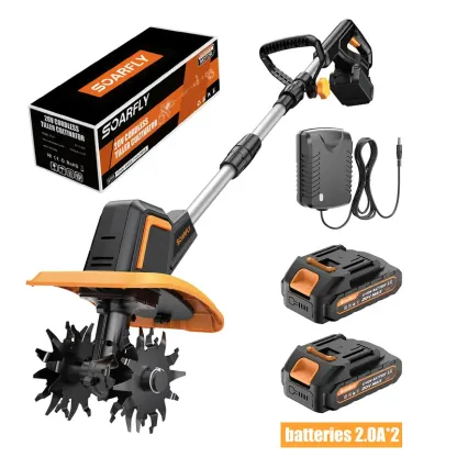 SOARFLY Cultivador y Motoazada Inalámbrica de 20 V, 360 RPM, Incluye 2 Baterías de 4.0 Ah y Cargador; 9 Pulgadas de Ancho, 6.6 Pulgadas de Profundidad, 48 Dientes de Acero — Ideal para Césped, Jardinería y Cultivo del Suelo