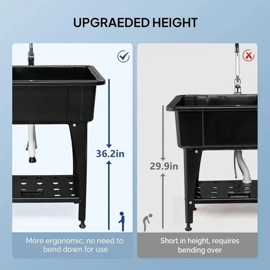 Fregadero multifuncional de 61 cm de profundidad x 101 cm de ancho x 91 cm de alto, con grifo y estante, patas de plástico y metal para lavandería, garaje, fregadero con escurridor y estante de almacenamiento móvil.