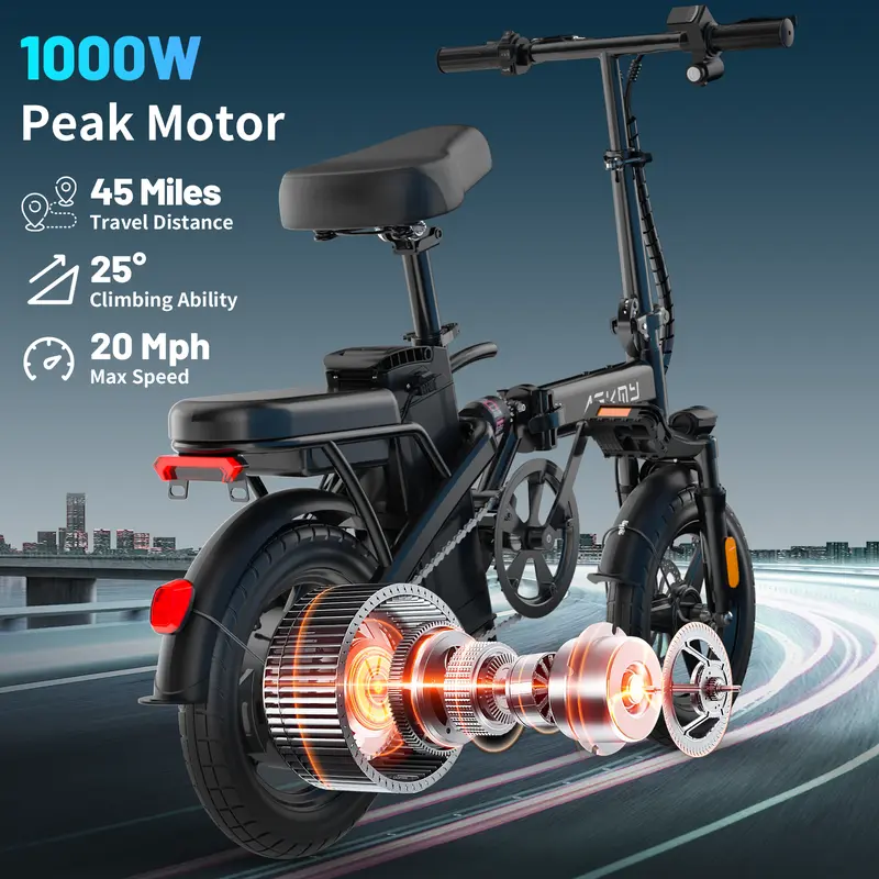 Bicicleta eléctrica plegable ASKMY E14: Motor de 1000 W (pico), hasta 45 millas de autonomía | Neumáticos sin cámara de 14", frenos de disco duales | Certificación UL, batería a prueba de pinchazos, garantía de 12 meses, diseño ligero