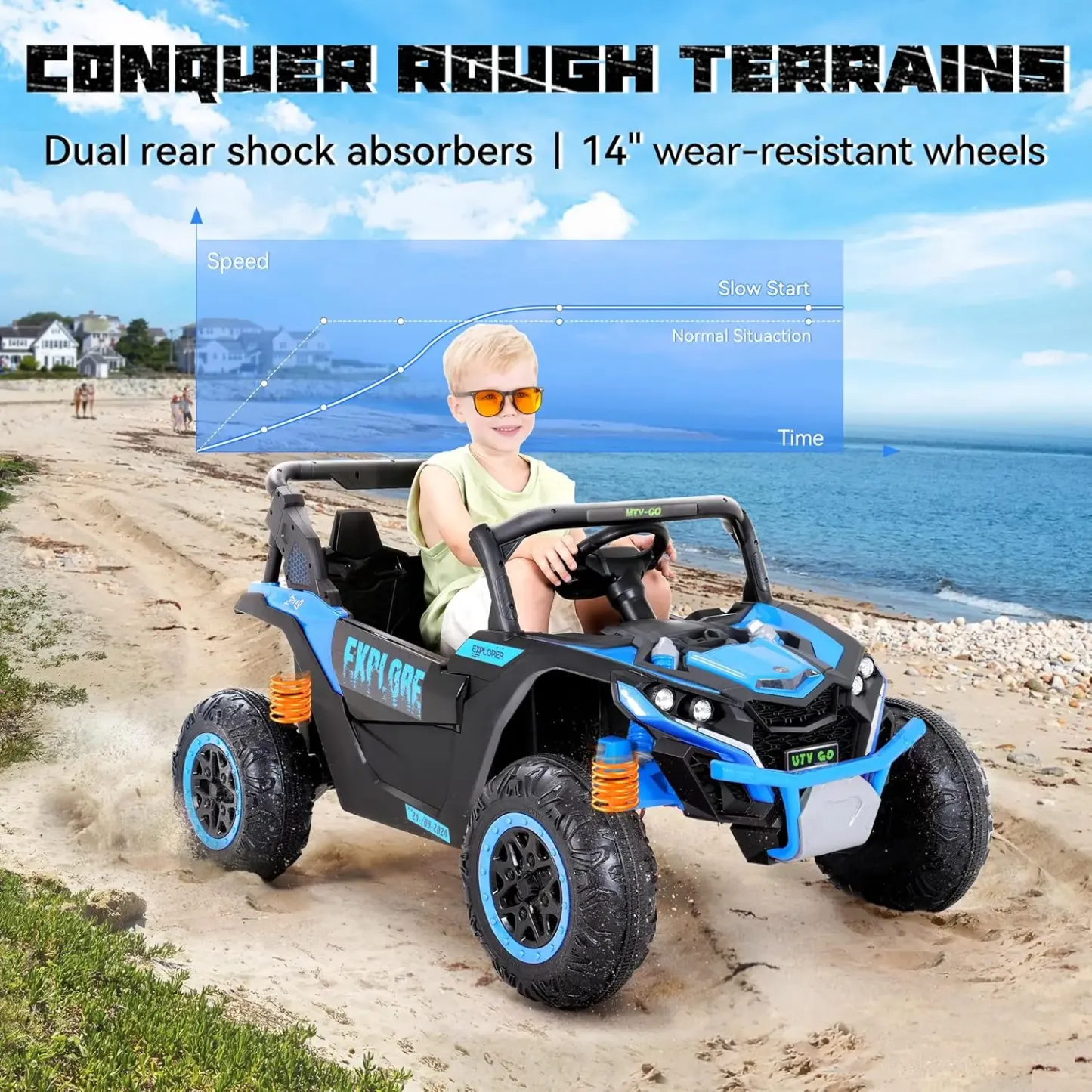 (EM-KC03) Coche eléctrico para niños de 2 plazas, UTV todoterreno 4WD, con batería de gran capacidad de 7 Ah, control remoto, cinturón de seguridad, bocina, música y luces — Para niños de 3 a 8 años (Azul)