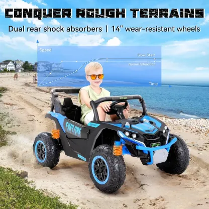 (EM-KC03) Coche eléctrico para niños de 2 plazas, UTV todoterreno 4WD, con batería de gran capacidad de 7 Ah, control remoto, cinturón de seguridad, bocina, música y luces — Para niños de 3 a 8 años (Azul)