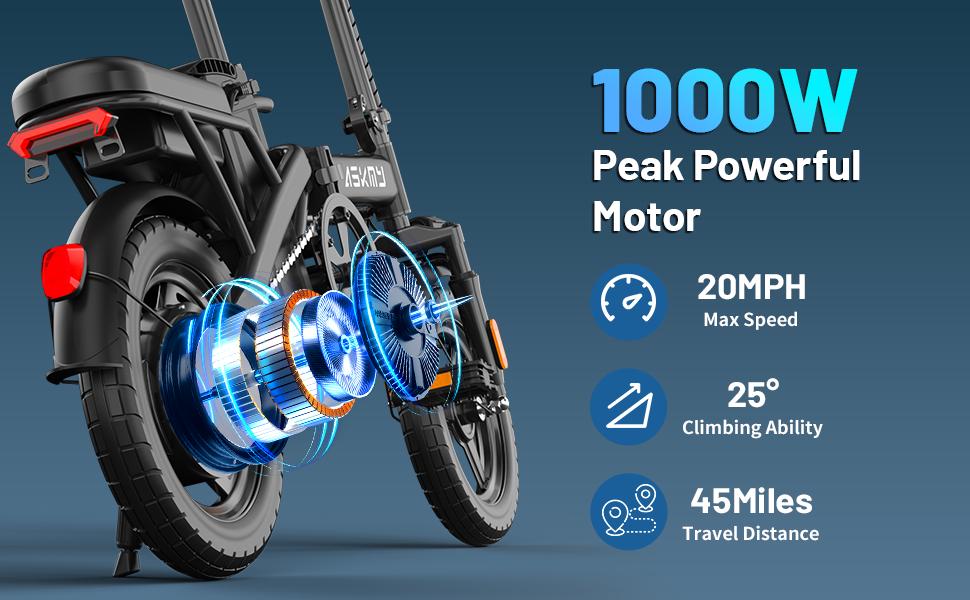 ASKMY E14 Folding Electric Bike 1000W Peak Motor, Up to 45 Miles Range | 14" Tubeless Tires, Dual Disc Brakes | UL Certified, Puncture-Tested Battery, 12-Month Warranty, Lightweight Design ASKMY E14 Folding Electric Bike 1000W Peak Motor, Up to 45 Miles Range | 14" Tubeless Tires, Dual Disc Brakes | UL Certified, Puncture-Tested Battery, 12-Month Warranty, Lightweight Design