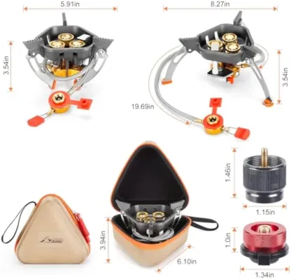 Estufa de camping a prueba de viento de 7200 W, estufa de gas con encendido piezoeléctrico, adaptador para dos cartuchos de combustible, estuche de transporte, estufa portátil, estufa para mochileros, senderismo y picnics al aire libre.