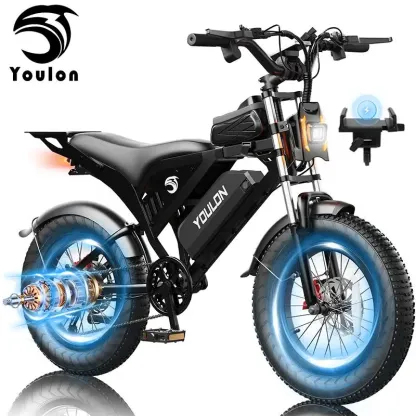 Bicicleta eléctrica YOULON para adultos: Motor sin escobillas de 1500 W (pico), velocidad máxima de 30 MPH, batería de 48 V y 20 Ah, e-bike con neumáticos anchos de 20 pulgadas, hasta 50 km/h, capacidad de ascenso de 30°, 7 velocidades, sistema de amortig