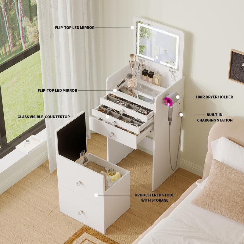 Tocador pequeño 3 en 1 con espejo con iluminación LED y taburete acolchado, mesita de noche, tocador pequeño para niñas.