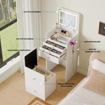 Tocador pequeño 3 en 1 con espejo con iluminación LED y taburete acolchado, mesita de noche, tocador pequeño para niñas.