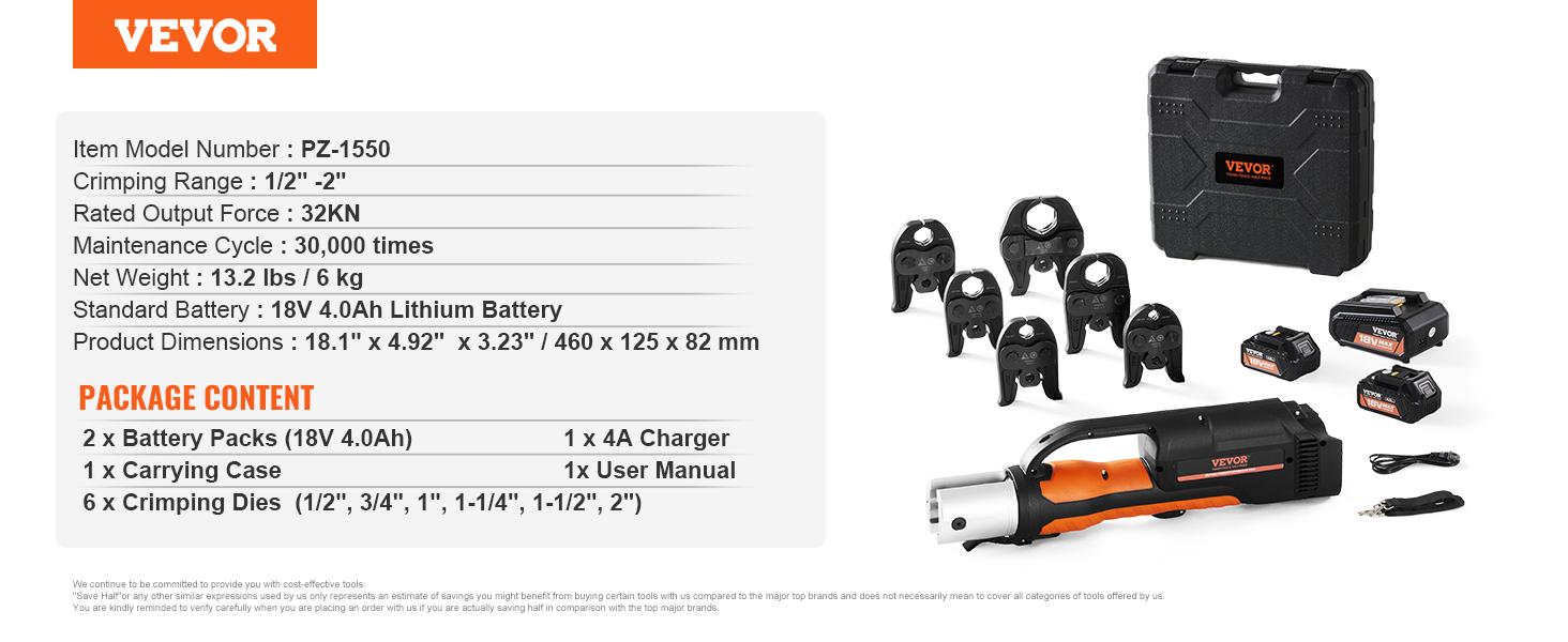 VEVOR Pro Press Tool,  18V Electric Pipe Crimping Tool for 1/2" to 2" Stainless Steel, Copper, PEX Pipes, Press Tool Kit with 6 Pro Press Jaws, 2PCS 4AH Battery, Fast Charger & Carrying Case