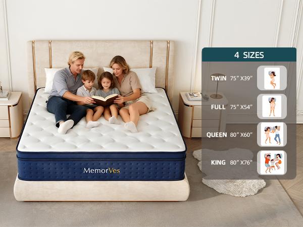 【MemorVes】 12/14 Inch Twin Full Queen King , Hybrid Memory Foam Mattress in a Box | Pocket Spring + Zoned Support | Soft and Comfortable, Pressure Relief, Medium Firmness, CertiPUR-US Certified(mattresses | queen size mattress | full size mattress)