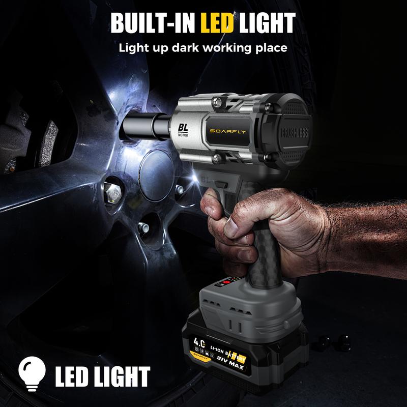 Llave de impacto inalámbrica de 1200 Nm (900 ft-lbs), ideal para automóviles y camiones, incluye 2 baterías de 4.0 Ah, cargador rápido, 3000 RPM, 5 vasos y 1 barra de extensión. Herramienta eléctrica de alto par compatible.
